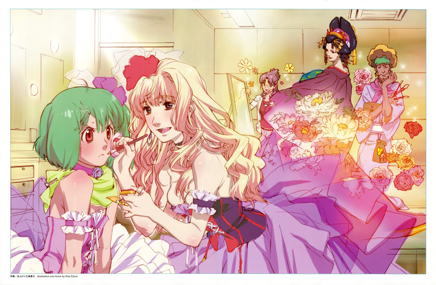 2boys 3girls absurdres applying_makeup bare_shoulders blonde_hair bobby_margot breasts choker closed_eyes crossdressing dress earrings ebata_risa flower glasses green_hair hair_ornament hair_stick highres japanese_clothes jewelry kanzashi kimono lipstick long_hair macross macross_frontier makeup makeup_brush matsuura_nanase mirror multiple_boys multiple_girls nihongami official_art oiran open_mouth otoko_no_ko purple_hair ranka_lee red_eyes saotome_alto sheryl_nome short_hair single_earring