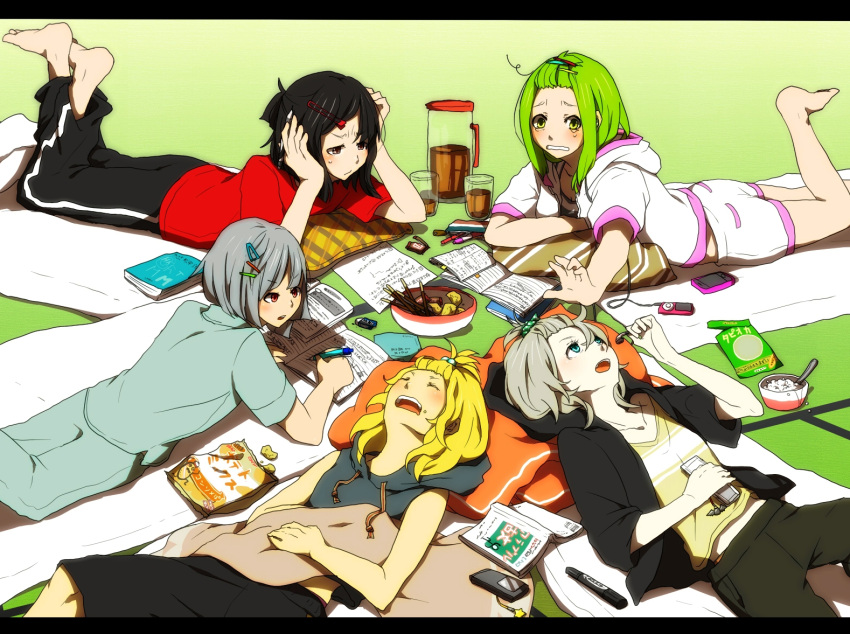 5girls alternate_hairstyle bad_id bad_pixiv_id barefoot black_hair blonde_hair blush casual cellphone chips_(food) contemporary digital_media_player earphones flip_phone food green_hair grey_hair hair_ornament hairclip hakurei_reimu homework hood hoodie izayoi_sakuya kirisame_marisa kochiya_sanae konpaku_youmu kurau_kii leg_up letterboxed long_hair lying multiple_girls on_back on_stomach open_mouth pajamas phone pillow pocky potato_chips red_hair short_hair sleeping sleepwear tears teenage touhou yellow_eyes