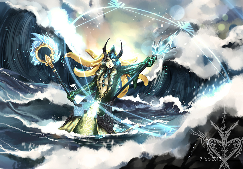 black_sclera blonde_hair center_opening dated dual_wielding female forehead_jewel hannah_santos helmet highres horned_helmet league_of_legends lens_flare long_hair magic_circle mermaid monster_girl nami_(league_of_legends) ocean pale_skin scales solo staff waves yellow_eyes