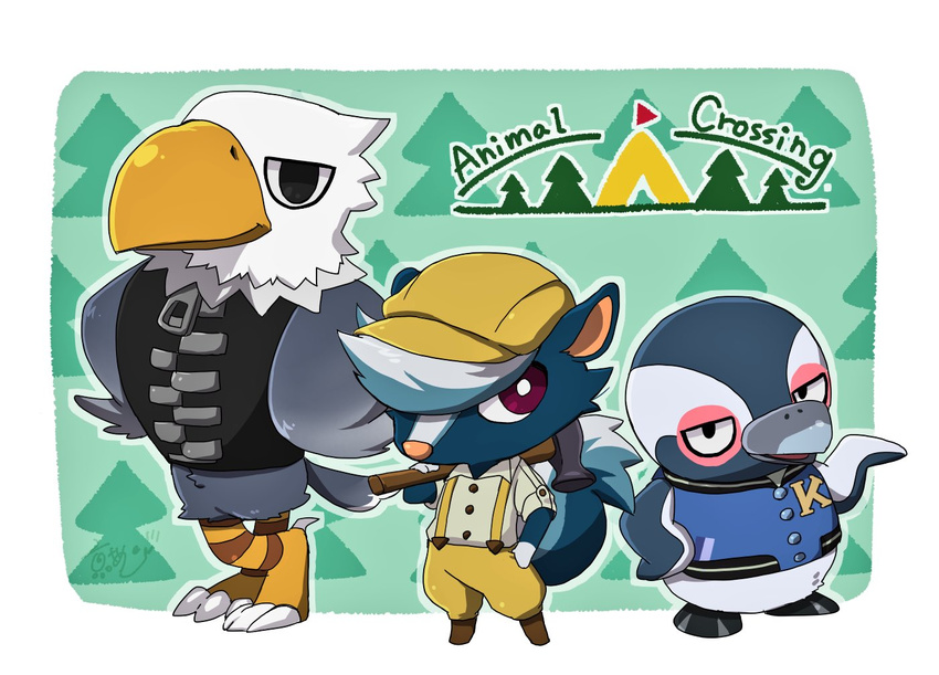 3boys animal animal_crossing apollo_(animal_crossing) bird cabbie_hat commentary_request copyright_name eagle hammer hat jacket kicks_(animal_crossing) letterman_jacket male_focus miyako_ameko multiple_boys penguin skunk suspenders tex_(animal_crossing) tree zipper