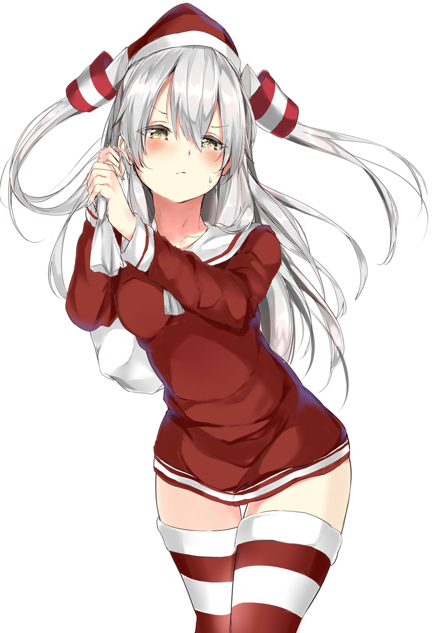 absurdres alternate_costume amatsukaze_(kancolle) aoi_takeru blush breasts closed_mouth commentary_request cowboy_shot female grey_hair hair_between_eyes hair_tubes hands_up hat highres holding kantai_collection long_hair long_sleeves looking_at_viewer over_shoulder red_hat red_shirt sack sailor_collar santa_hat shirt simple_background small_breasts solo standing striped_clothes striped_thighhighs thigh_gap thighhighs thighs two_side_up v-shaped_eyebrows very_long_hair white_background yellow_eyes zettai_ryouiki