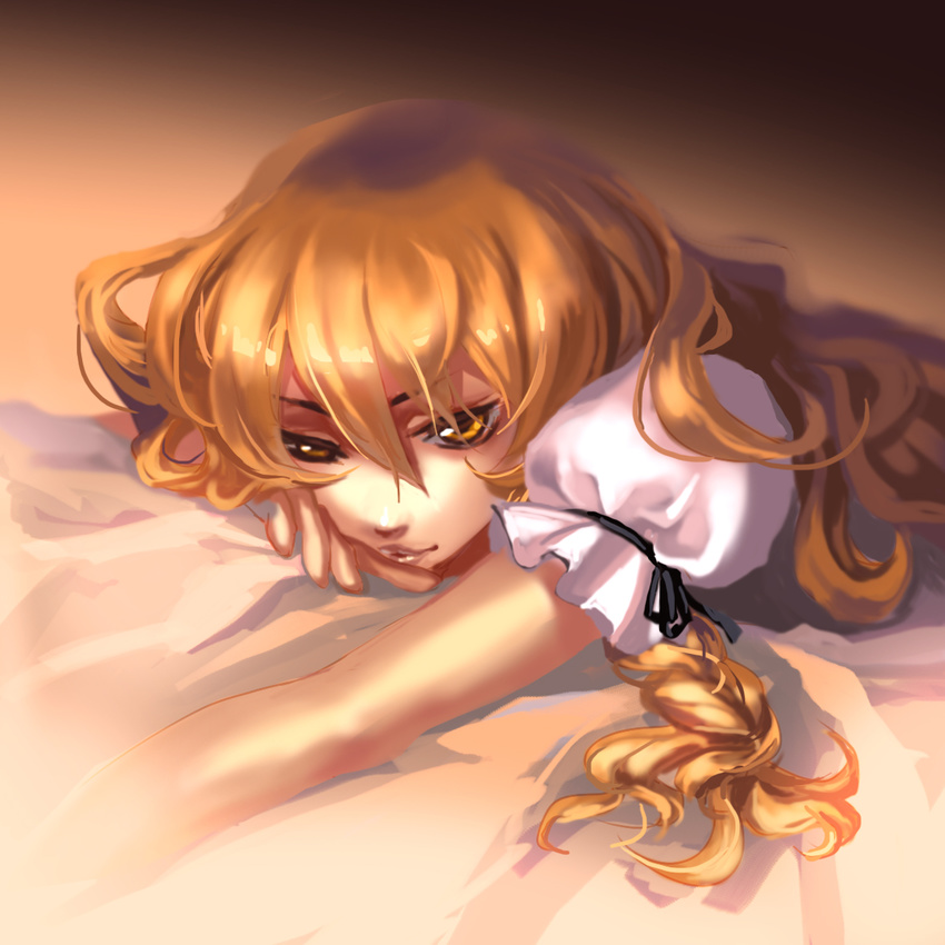 blonde_hair braid close-up closed_mouth commentary_request female kirisame_marisa lips long_hair lying mizukai no_headwear on_stomach partial_commentary photoshop_(medium) solo touhou yellow_eyes