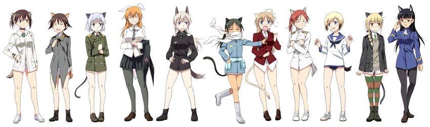 501st_joint_fighter_wing 6+girls absurdres adjusting_eyewear agahari alternate_hairstyle animal_ears bare_legs bespectacled black_hair black_pantyhose blonde_hair blue_eyes blush boots braid brown_hair cat_ears cat_girl cat_tail charlotte_e._yeager charlotte_e._yeager_(cosplay) closed_eyes commentary_request cosplay costume_switch dog_ears dog_girl dog_tail eila_ilmatar_juutilainen eila_ilmatar_juutilainen_(cosplay) erica_hartmann erica_hartmann_(cosplay) everyone fox_ears fox_girl fox_tail francesca_lucchini francesca_lucchini_(cosplay) full_body gertrud_barkhorn gertrud_barkhorn_(cosplay) glasses green_eyes grey_hair hand_in_pocket hand_on_own_hip hands_on_own_hips highres legs long_hair lynette_bishop lynette_bishop_(cosplay) military military_uniform minna-dietlinde_wilcke minna-dietlinde_wilcke_(cosplay) miyafuji_yoshika miyafuji_yoshika_(cosplay) multiple_girls necktie no_pants no_socks panties pantyhose perrine_h._clostermann perrine_h._clostermann_(cosplay) rabbit_ears rabbit_girl rabbit_tail red_hair sailor sakamoto_mio sakamoto_mio_(cosplay) sanya_v._litvyak sanya_v._litvyak_(cosplay) scarf school_uniform serafuku short_hair simple_background single_braid smile standing standing_on_one_leg star_(symbol) strike_witches striped_clothes striped_panties striped_thighhighs tail thighhighs twintails underwear uniform white_pantyhose wolf_ears wolf_girl wolf_tail world_witches_series yellow_eyes