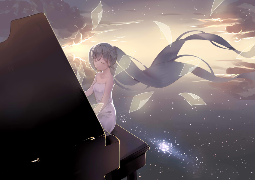 absurdly_long_hair absurdres bare_shoulders closed_eyes collarbone commentary dress female floating_hair grey_hair hatsune_miku highres instrument long_hair music piano playing_instrument sitting solo strapless strapless_dress symbol-only_commentary tadatsu twintails very_long_hair vocaloid white_dress