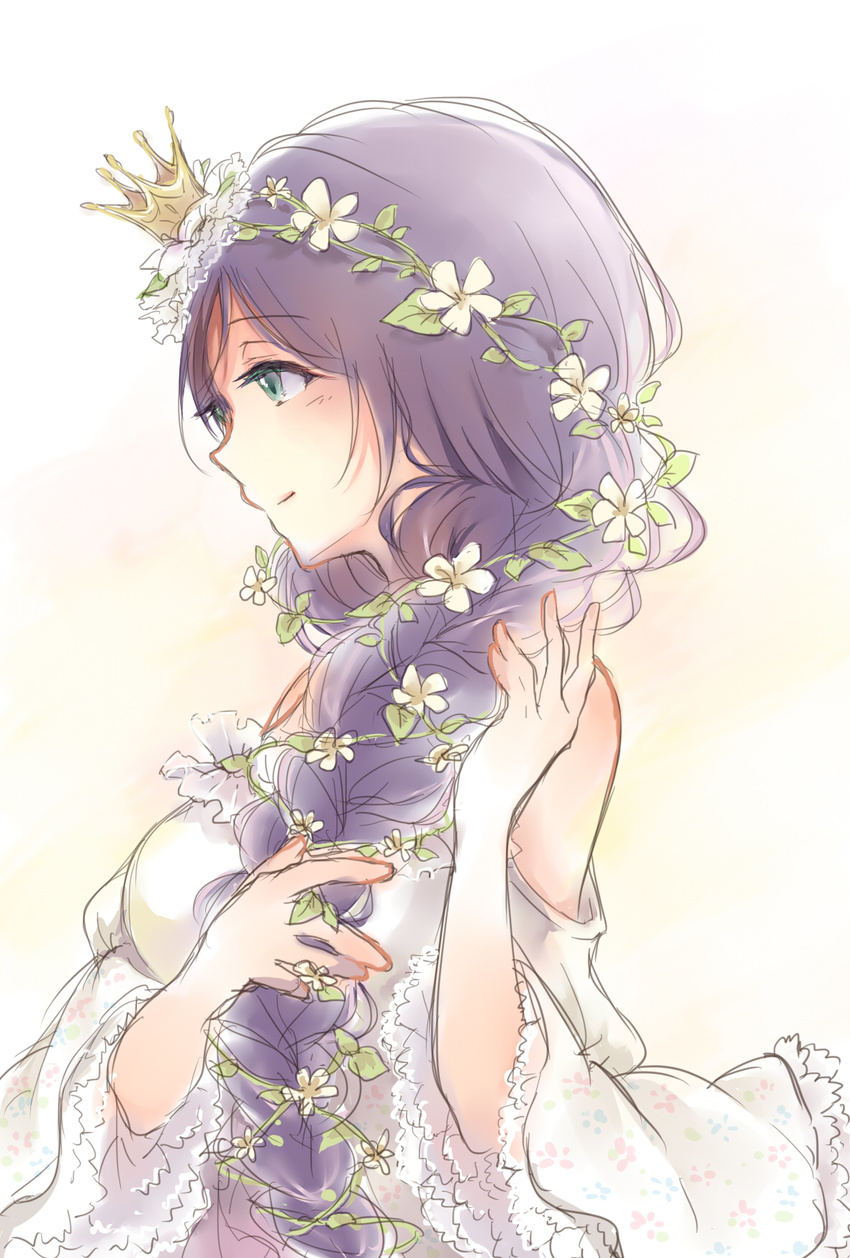 braid commentary_request crown dress female flower green_eyes hair_over_shoulder hair_vines hana_(hanashima) head_wreath highres long_hair love_live! love_live!_school_idol_project plant purple_hair smile solo tojo_nozomi vines white_dress