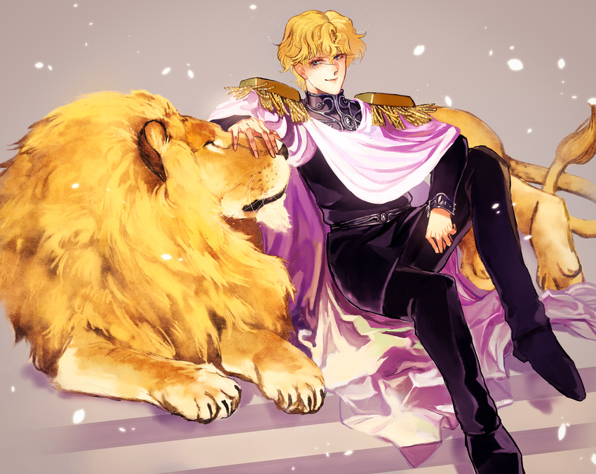 1boy animal bad_id bad_pixiv_id beige_background belt blonde_hair blue_eyes brooch capelet chiitaki claws closed_eyes commentary_request epaulettes ginga_eiyuu_densetsu highres jewelry lion male_focus military military_uniform pants photoshop_(medium) reinhard_von_lohengramm simple_background sitting smile solo stairs uniform whiskers