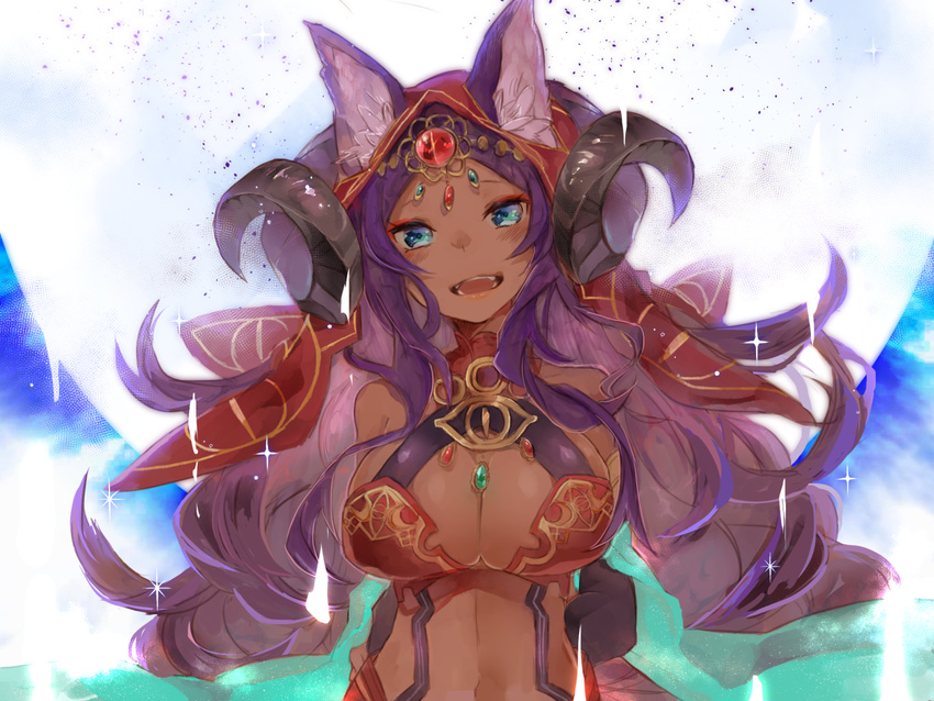 animal_ears aqua_eyes breasts cleavage commentary_request dark-skinned_female dark_skin ears_through_headwear fate/grand_order fate_(series) female gem hood horns jewelry large_breasts long_hair looking_at_viewer motoaki navel open_mouth purple_hair queen_of_sheba_(fate) smile solo tan upper_body