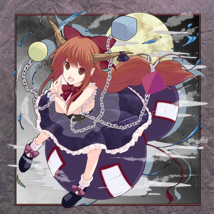 bad_id bad_pixiv_id bare_shoulders bow brown_eyes chains female framed full_moon gourd hairbow highres horn_ornament horn_ribbon horns ibuki_suika long_hair moon night oerba_yun_fang open_mouth orange_hair oversized_object photoshop_(medium) ribbon solo tassel touhou tsuttsu wrist_cuffs