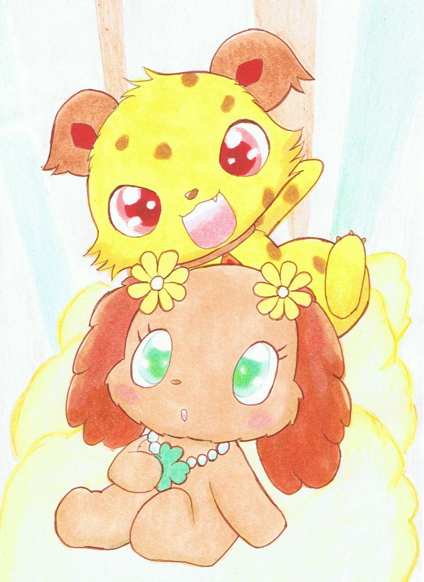 anthro blush canid canine canis cheetah clover_(plant) domestic_dog duo eyelashes felid feline female flower fur furari@ green_eyes hi_res jasper_(jewelpet) jewelpet jewelry male mammal necklace open_mouth plant prase_(jewelpet) red_eyes sanrio sega sega_fave simple_background spots yellow_body yellow_fur