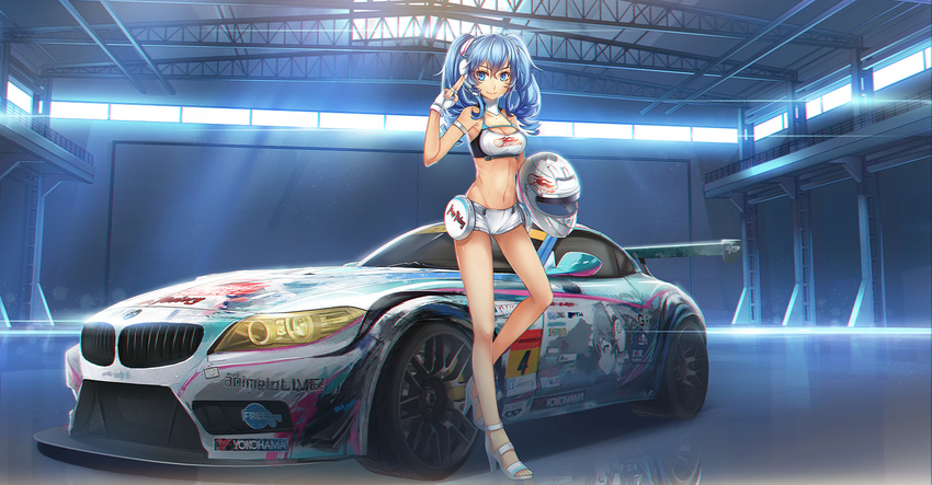 blue_eyes blue_hair bmw bmw_z4 car commentary english_commentary erich female fingerless_gloves gloves goodsmile_company goodsmile_racing hatsune_miku helmet high_heels itasha long_hair long_legs motor_vehicle navel photoshop_(medium) race_queen race_vehicle racecar racing_miku racing_miku_(2014) short_shorts shorts solo sports_car stomach super_gt vehicle_focus vocaloid