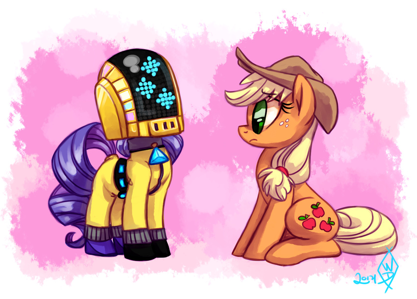 applejack_(mlp) blonde_hair clothing cutie_mark daft_punk duo earth_pony equid equine female feral freckles friendship_is_magic green_eyes hair hasbro hat headgear headwear horse mammal my_little_pony pony purple_hair rarity_(mlp) whitediamonds