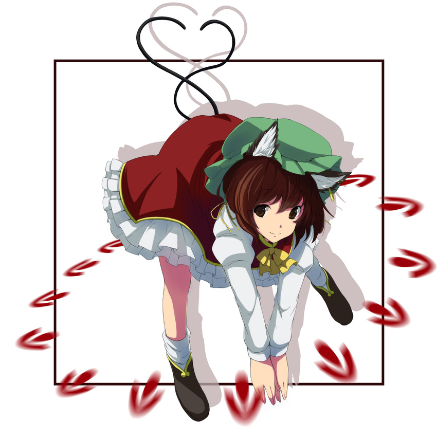 animal_ears bad_id bad_pixiv_id bent_over brown_eyes brown_hair cat_ears cat_tail chen danmaku earrings female hat highres jewelry motion_blur multiple_tails short_hair simple_background single_earring smile solo tail touhou tsuttsu v_arms