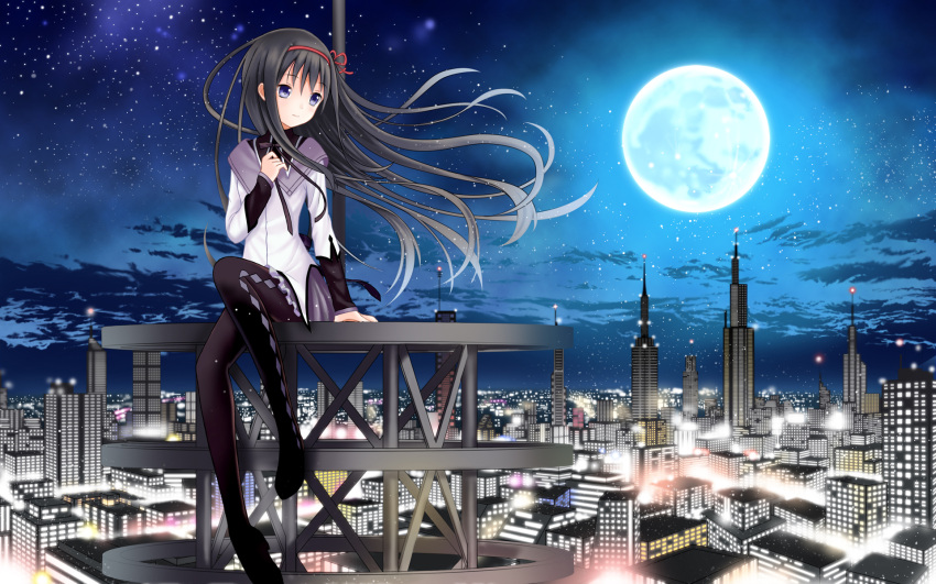 akemi_homura akemi_homura_(magical_girl) black_hair black_pantyhose building cityscape commentary_request female full_moon hair_ribbon hand_on_own_chest highres long_hair magical_girl mahou_shoujo_madoka_magica mahou_shoujo_madoka_magica_(anime) moon night night_sky pantyhose photoshop_(medium) purple_eyes ribbon setona_(daice) sitting sky skyscraper solo star_(sky) starry_sky wind