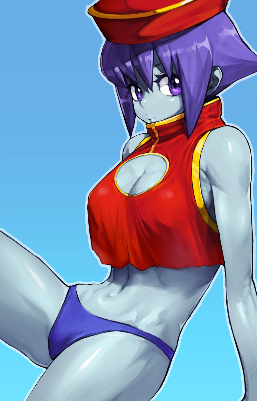 blue_skin cleavage darkstalkers eyes geung_si hat lei-lei lei_lei navel purple purple_eyes purple_hair vampire_(game)