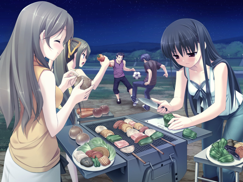 black_hair brown_hair food game_cg itou_hinako kanekiyo_miwa kantoku miyazawa_midori natsu_no_ame night segawa_rikako