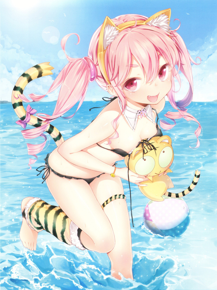 :d absurdres animal_ears animal_print bad_id bad_yandere_id ball barefoot beachball bikini breasts buriki cleavage collar colored_eyelashes day drill_hair duplicate fake_animal_ears female front-tie_top highres kotora_(toranoana) oerba_yun_fang open_mouth original outdoors photoshop_(medium) pink_eyes pink_hair ribbon side-tie_bikini_bottom small_breasts smile solo stuffed_animal stuffed_toy swimsuit tail tail_ornament tail_ribbon thigh_strap tiger_print tiger_tail toranoana twintails wading wardrobe_malfunction water