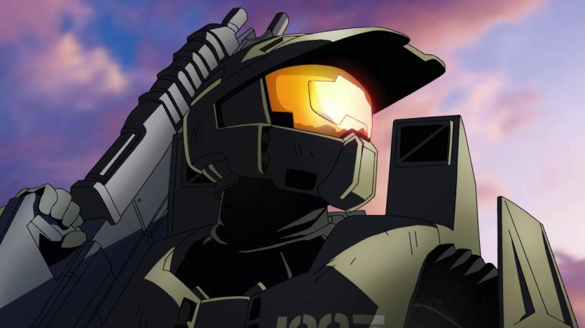 anime_screenshot armor assault_visor gun halo_(series) halo_legends helmet machine_gun no_humans sky spartan_(halo) weapon