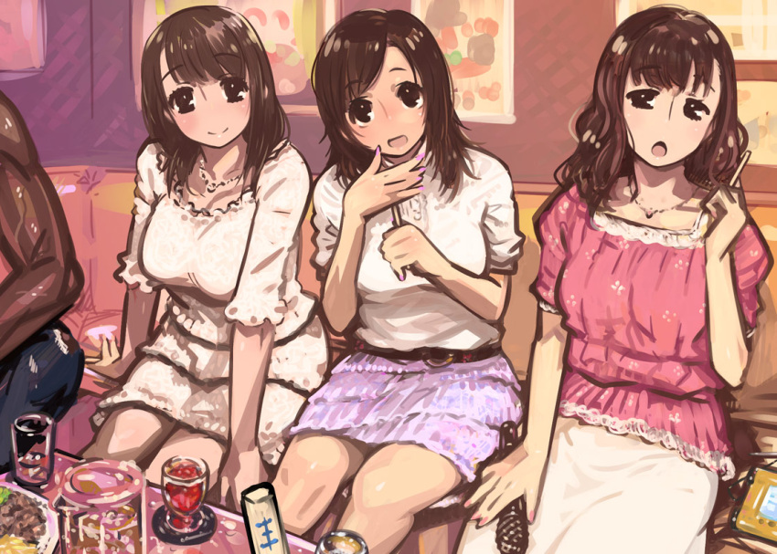 3girls breasts brown_hair commentary_request dark-skinned_male dark_skin dress indoors jewelry kaqo king_game multiple_girls muscular nail_polish necklace original pov shirt sitting skirt white_shirt