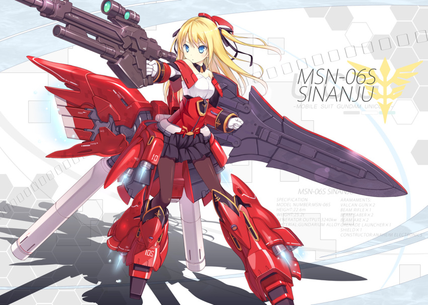 beam_rifle black_pantyhose blonde_hair blue_eyes commentary_request energy_gun female gloves gun gundam gundam_unicorn hair_ribbon humanization long_hair mecha_musume pantyhose photoshop_(medium) poco_(asahi_age) ribbon shield sinanju solo weapon