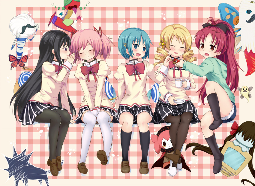 5girls adelbert_(madoka_magica) akemi_homura anja_(madoka_magica) anthony_(madoka_magica) black_hair black_pantyhose black_socks blonde_hair blue_door blue_eyes blush boots bow butterfly_wings charlotte_(madoka_magica) closed_eyes commentary_request cup drill_hair food h.n.elly_(kirsten) hair_ornament hair_ribbon hairbow hairclip halo highres insect_wings kaname_madoka long_hair mahou_shoujo_madoka_magica mahou_shoujo_madoka_magica_(anime) miki_sayaka mitakihara_school_uniform monitor multiple_girls oerba_yun_fang open_mouth pantyhose pink_hair plaid plaid_background pocky ponytail pyotr_(madoka_magica) red_eyes red_hair ribbon sakura_kyoko saucer school_uniform short_shorts short_twintails shorts skirt smile socks star_(symbol) teacup thighhighs tomoe_mami tongue twin_drills twintails ulla_(madoka_magica) white_thighhighs wings