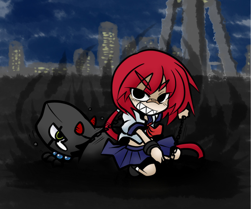 bandaid black_eyes chains cityscape commentary_request creature female pixiv_shadow pixiv_shadow_3 ponytail red_hair school_uniform serafuku sharp_teeth solo teeth yanagi_(nurikoboshi)