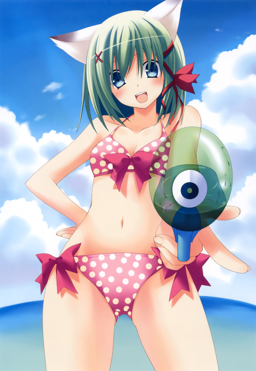 :d absurdres animal_ears bikini blue_eyes blush bow cat_ears female green_hair greenwood hair_ornament hair_ribbon hand_on_own_hip highres midori_(greenwood) midriff navel open_mouth original polka_dot ribbon smile solo swimsuit water_gun zinno