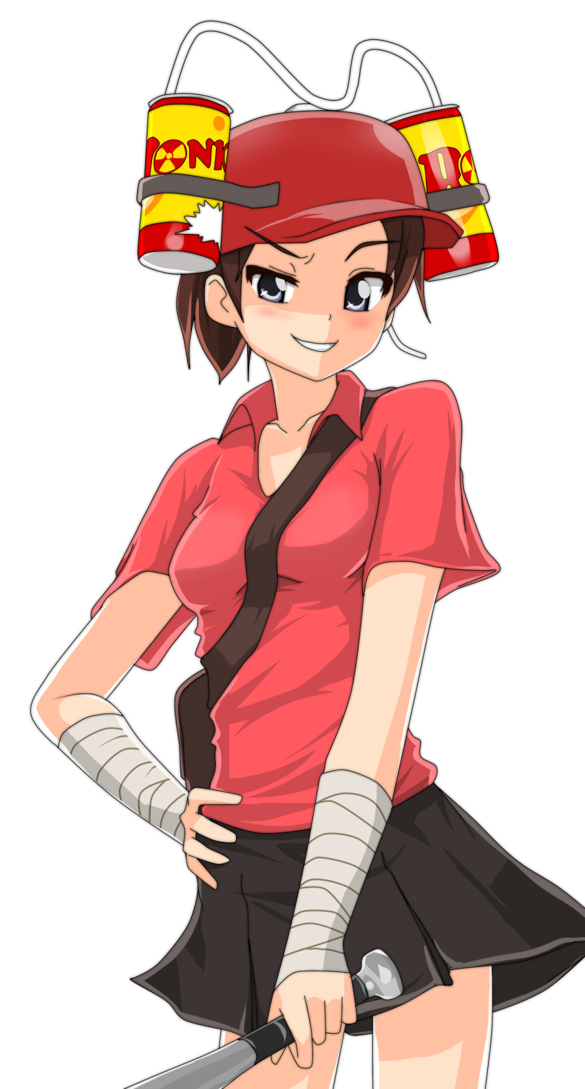 bad_source bandaged_arm bandaged_hand bandages baseball_bat black_skirt bonk!_atomic_punch bonk_helm brown_hair can drink_can female genderswap_(mtf) hangaku hat highres holding holding_baseball_bat holding_weapon red_scout_(tf2) rule_63 scout_(tf2) skirt soda_can solo team_fortress_2 transparent_background weapon