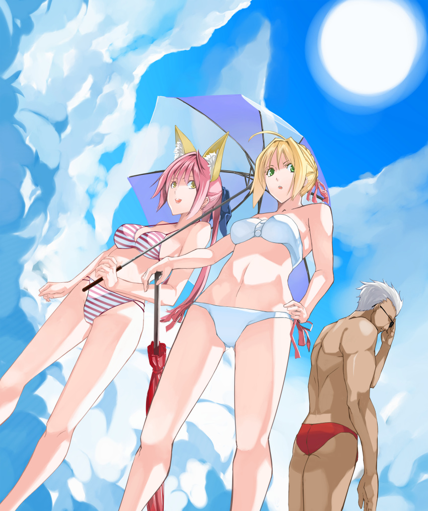 1boy 2girls absurdres ahoge animal_ears archer_(fate) arm_up bad_id bad_pixiv_id bandeau bare_legs bare_shoulders bikini blonde_hair braid cloud dark-skinned_male dark_skin day fate/extra fate_(series) fox_ears from_below green_eyes guratan hair_ribbon happy highres male_swimwear midriff multiple_girls nero_claudius_(fate) nero_claudius_(fate/extra) parasol pink_hair ponytail ribbon sky standing striped_bikini striped_clothes sun sunglasses swim_briefs swim_trunks swimsuit tamamo_(fate) tamamo_no_mae_(fate/extra) umbrella white_hair yellow_eyes