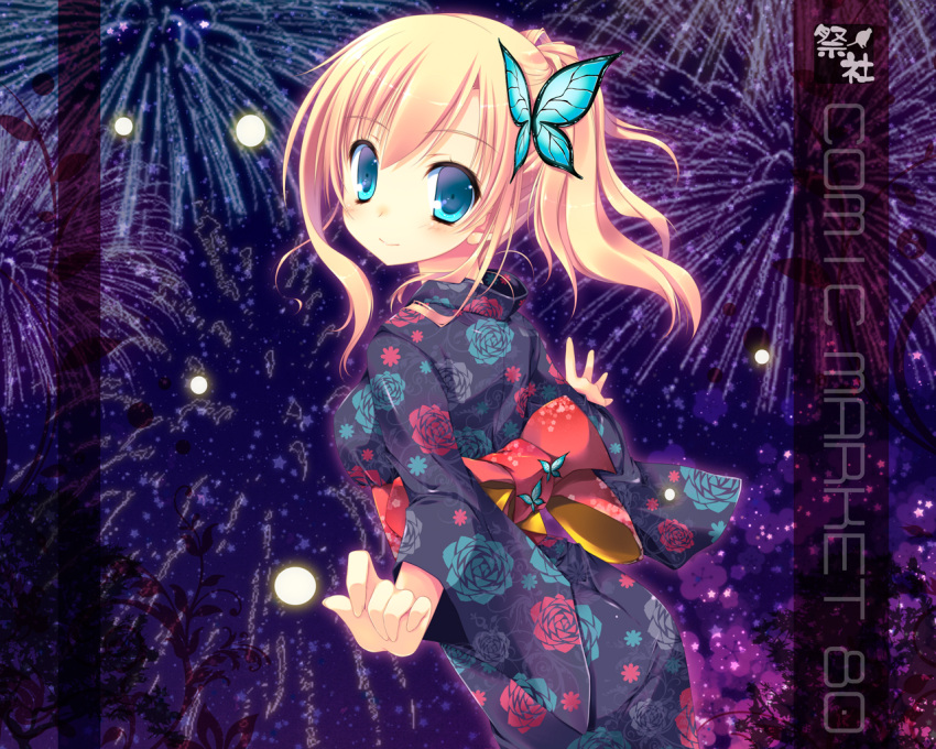 aerial_fireworks blonde_hair blue_eyes boku_wa_tomodachi_ga_sukunai bug butterfly butterfly_hair_ornament commentary_request female fireflies fireworks floral_print hair_ornament japanese_clothes kashiwazaki_sena kimono looking_back nanaroba_hana night photoshop_(medium) sky smile solo star_(sky) starry_sky