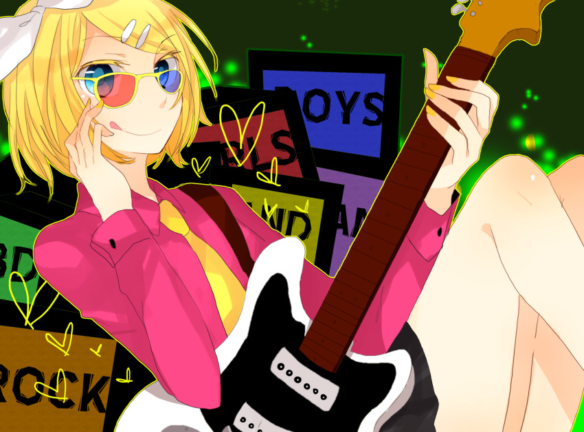 :p bad_id bad_pixiv_id bow female guitar hair_ornament hairbow hairclip instrument kagamine_rin kawahara_chisato solo sunglasses tongue tongue_out vocaloid