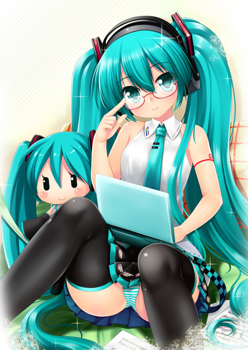 absurdres aqua_eyes aqua_hair bad_id bad_pixiv_id bespectacled computer dakemakura-koubou female glasses hatsune_miku headphones highres laptop lat_model_(mikumikudance) long_hair panties photoshop_(medium) red-framed_eyewear skirt smile solo striped_clothes striped_panties stuffed_toy thighhighs twintails underwear very_long_hair vocaloid