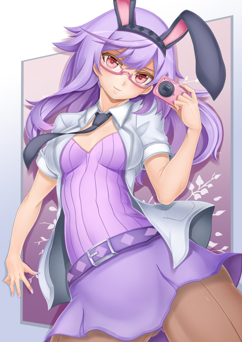 absurdres animal_ears bad_id bad_pixiv_id belt breasts brown_pantyhose camera copyright_request cowboy_shot duplicate female fingernails glasses highres long_hair medium_breasts necktie oni-noboru pantyhose photoshop_(medium) purple_hair rabbit_ears red_eyes skirt solo