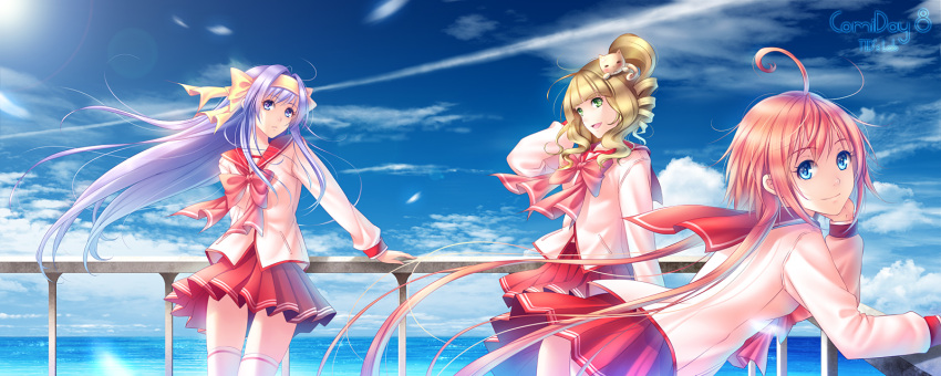 3girls ahoge ass bad_id bad_pixiv_id blonde_hair blue_eyes blue_hair blue_sky cathead character_request cloud day drill_hair green_eyes hair_ornament hair_ribbon hand_in_own_hair highres long_hair multiple_girls ocean open_mouth photoshop_(medium) pink_hair ribbon school_uniform serafuku sky smile thighhighs tidsean to_heart_(series) to_heart_2 twintails upskirt very_long_hair water wind zettai_ryouiki