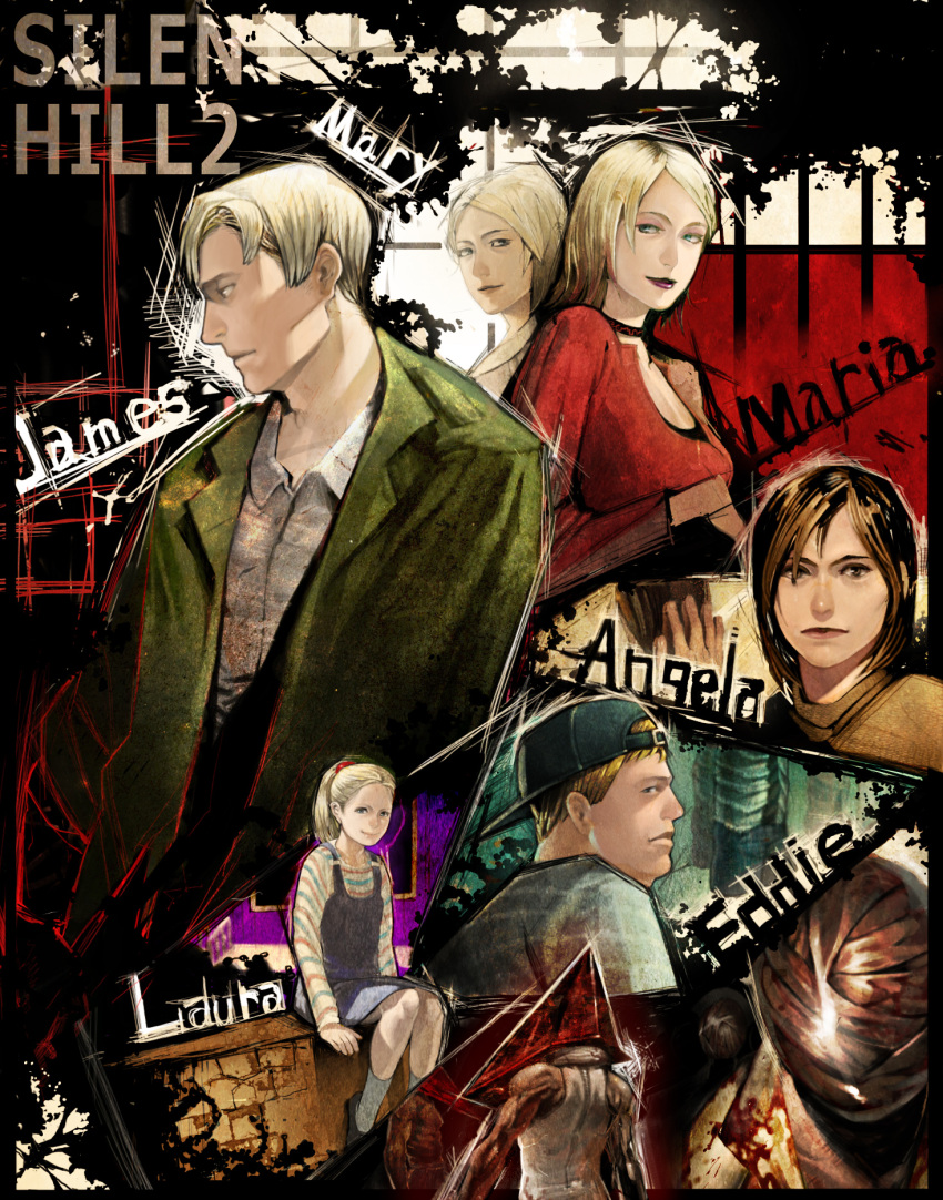 3boys 4girls angela_orosco bad_id bad_pixiv_id baseball_cap blonde_hair blue_eyes brown_eyes brown_hair bubble_head_nurse choker eddie_dombrowski hat highres james_sunderland kanataria laura_(silent_hill) lolicon maria_(silent_hill) mary_shepherd-sunderland multiple_boys multiple_girls photoshop_(medium) ponytail pyramid_head silent_hill_(series) silent_hill_2