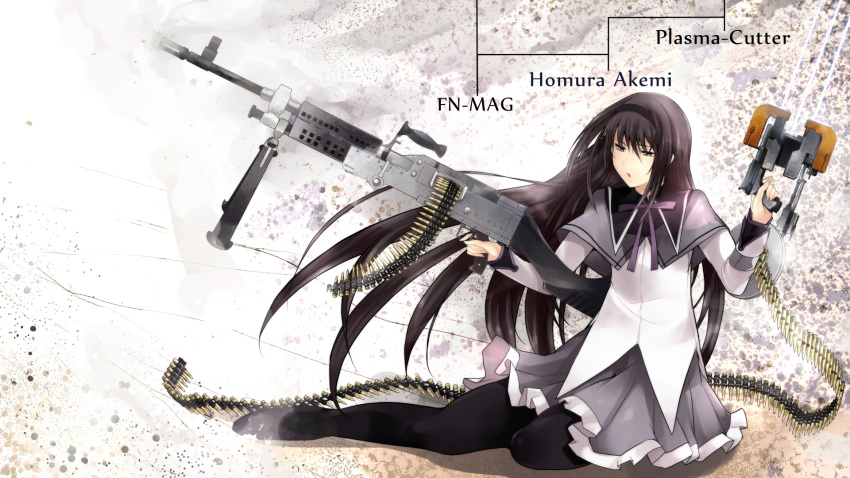 akemi_homura akemi_homura_(magical_girl) bad_id bad_pixiv_id black_hair dead_space female fn_mag gun hairband highres long_hair machine_gun magical_girl mahou_shoujo_madoka_magica mahou_shoujo_madoka_magica_(anime) nishiide_kengorou pantyhose plasma_cutter purple_eyes solo weapon