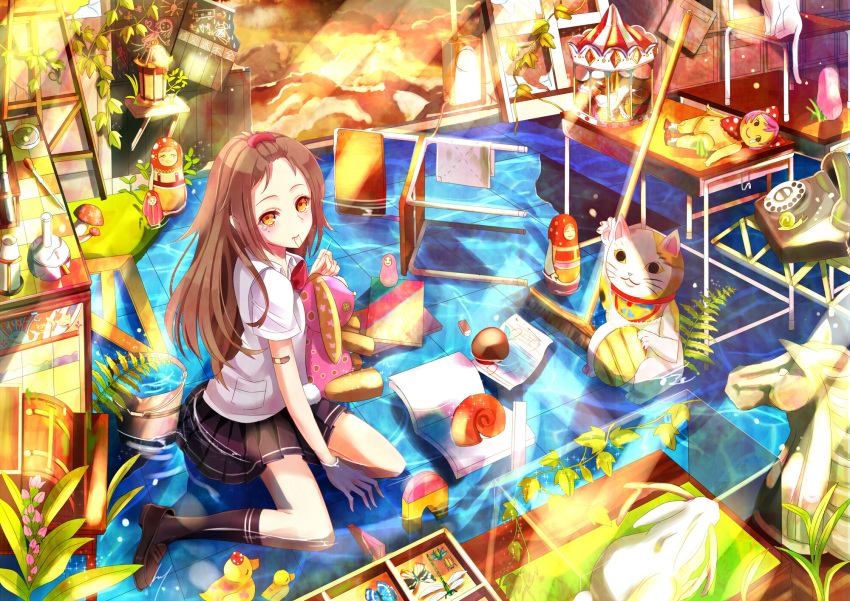 antique_phone bad_id bad_pixiv_id bandaid blush brown_hair bucket bug chair desk doll dragonfly dropper feline female flask hair_ornament hairclip highres holding holding_needle jackalope lamp light_particles light_rays loafers long_hair looking_at_viewer maneki-neko matryoshka_doll mole mole_under_eye mouth_hold needle original partially_submerged petri_dish phone pleated_skirt rotary_phone rubber_duck school_uniform shoes signature sitting skirt snail solo sparkle string stuffed_animal stuffed_toy sunbeam sunlight tears test_tube test_tube_rack wariza water yellow_eyes yuna_(rutera)