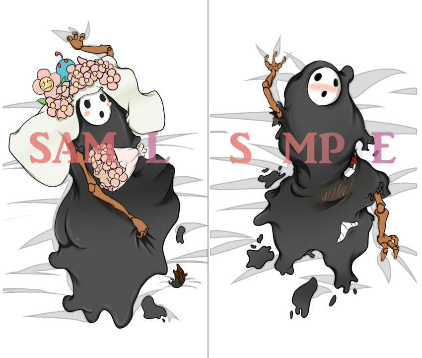 arakune ass blazblue blob blush blush_stickers commentary_request dakimakura_(medium) flower hair_flower hair_ornament inutokage multiple_views no_humans parody sample_watermark watermark