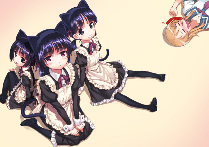 4girls :o =_= alternate_costume animal_ears apron arm_support bad_id bad_pixiv_id black_eyes black_hair blood blue_eyes blush brown_hair enmaided fake_animal_ears frills gokou_hinata gokou_ruri gokou_tamaki grin hair_ornament hairband hairclip hands_on_lap kousaka_kirino kousaka_kirino's_school_uniform maid mary_janes matsuryuu mole mole_under_eye multiple_girls nosebleed ore_no_imouto_ga_konna_ni_kawaii_wake_ga_nai pantyhose photoshop_(medium) purple_eyes school_uniform serafuku shoes siblings simple_background sitting smile so_moe_i'm_gonna_die! tail twintails wariza wrist_cuffs