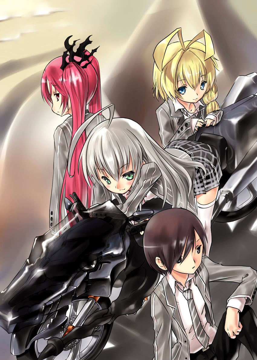 absurdres black_hair blonde_hair character_request cthugha cthugha_(nyaruko-san) fright_(artist) grey_hair haiyore!_nyaruko-san hastur_(nyaruko-san) highres motor_vehicle motorcycle necktie nyarlathotep_(nyaruko-san) nyaruko plaid red_hair school_uniform tie vehicle yasaka_mahiro