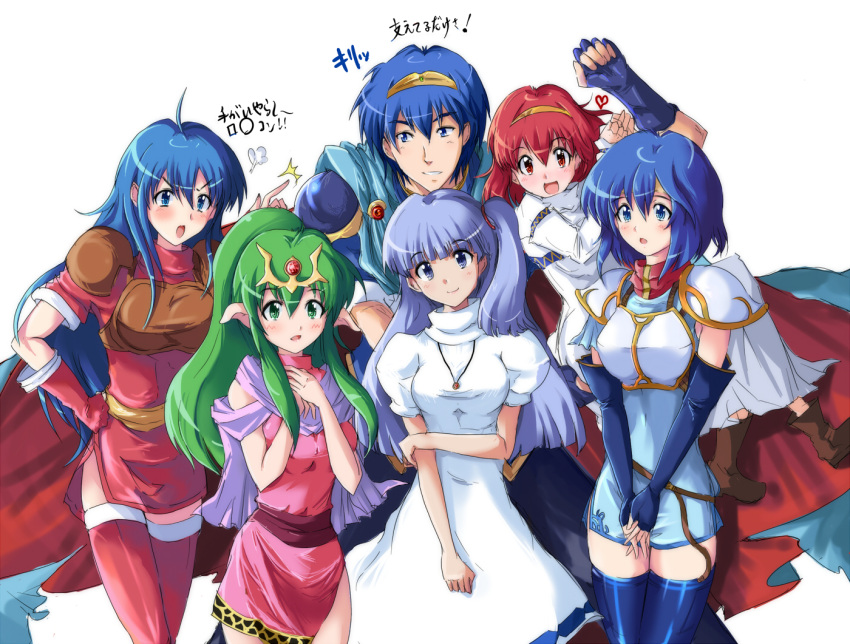 1boy 5girls :d angry armor armored_dress bad_id bad_pixiv_id blue_eyes blue_hair blush caeda_(fire_emblem) cape catria_(fire_emblem) dress echizen_(hvcv) fire_emblem fire_emblem:_mystery_of_the_emblem fire_emblem:_shadow_dragon green_eyes green_hair grin harem holding_another's_arm long_hair maria_(fire_emblem) marisha_(fire_emblem) marth_(fire_emblem) multiple_girls open_mouth pauldrons pointy_ears red_eyes red_hair short_hair shoulder_armor side_ponytail sidelocks smile straight thighhighs tiara tiki_(fire_emblem) tiki_(young)_(fire_emblem) v_arms zettai_ryouiki