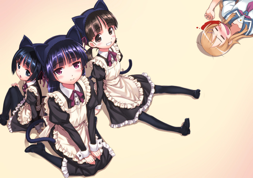 4girls :o =_= alternate_costume animal_ears apron arm_support bad_id bad_pixiv_id black_eyes black_hair black_legwear blood blue_eyes blush brown_eyes brown_hair enmaided fake_animal_ears frills gokou_hinata gokou_ruri gokou_tamaki grin hair_ornament hairband hairclip hands_on_lap kousaka_kirino kousaka_kirino's_school_uniform maid mary_janes matsuryuu mole mole_under_eye multiple_girls nosebleed ore_no_imouto_ga_konna_ni_kawaii_wake_ga_nai pantyhose photoshop_(medium) purple_eyes school_uniform serafuku shoes siblings simple_background sisters sitting smile so_moe_i'm_gonna_die! tail twintails wariza wrist_cuffs