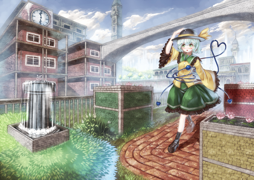 :o black_hat black_socks blush bow bridge brown_footwear building city clock cloud commentary_request day eyeball female fountain frilled_skirt frilled_sleeves frills full_body green_eyes green_hair green_skirt hair_between_eyes hand_on_headwear hat hat_bow heart heart_of_string highres komeiji_koishi loafers long_sleeves open_mouth outdoors parted_lips sakimori_dan scenery shirt shoes short_hair skirt socks solo third_eye touhou walking white_hair wide_sleeves yellow_bow yellow_shirt