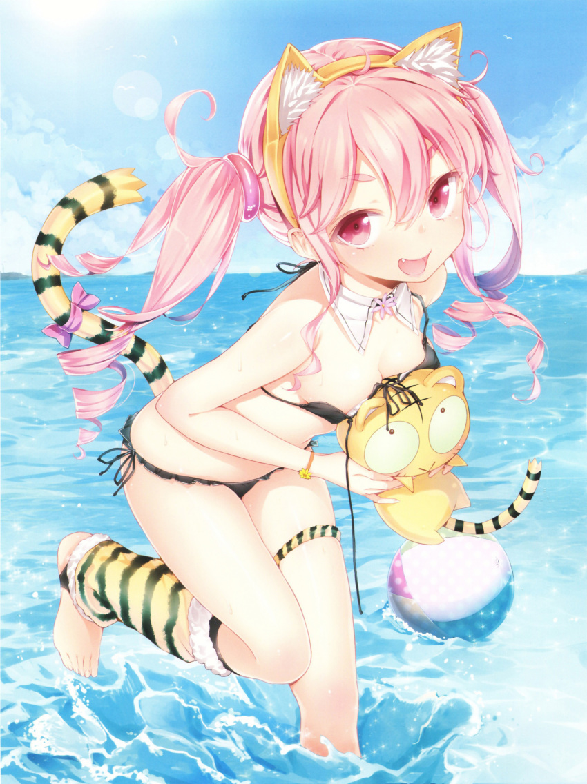 :d absurdres animal_ears animal_print ball barefoot beachball bikini black_bikini breast_press breasts buriki cleavage collar colored_eyelashes day drill_hair fake_animal_ears female front-tie_top gimp_(medium) highres kotora_(toranoana) non-web_source oerba_yun_fang open_mouth original outdoors pink_eyes pink_hair ribbon side-tie_bikini_bottom small_breasts smile solo stuffed_animal stuffed_toy swimsuit tail tail_ornament tail_ribbon teeth thigh_strap tiger_ears tiger_print tiger_tail toranoana twin_drills twintails wading wardrobe_malfunction water