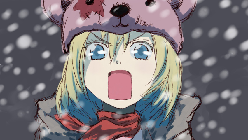 bear blizzard blonde_hair blue_eyes commentary female first_squad jacket mawaru_penguindrum nadya open_mouth parody russian_commentary scarf seizon_senryaku short_hair snow solo star_(symbol) valkorn