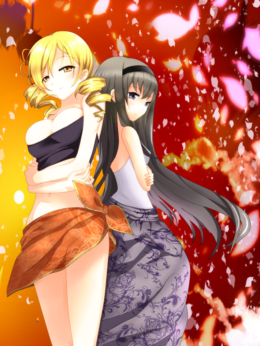 2girls akemi_homura back-to-back bad_id bad_pixiv_id bandeau bare_shoulders black_hair black_sarong blonde_hair breasts cleavage color_connection cosplay crossed_arms drill_hair hair_color_connection hair_ornament hairband hairstyle_connection highres large_breasts long_hair look-alike mahou_shoujo_madoka_magica mahou_shoujo_madoka_magica_(anime) midriff multiple_girls one-piece_swimsuit orange_sarong oriana_thomason oriana_thomason_(cosplay) petals print_sarong purple_eyes sarong smile swimsuit toaru_majutsu_no_index toaru_majutsu_no_index:_old_testament tomoe_mami very_long_hair white_one-piece_swimsuit yellow_eyes yuiyuimoe