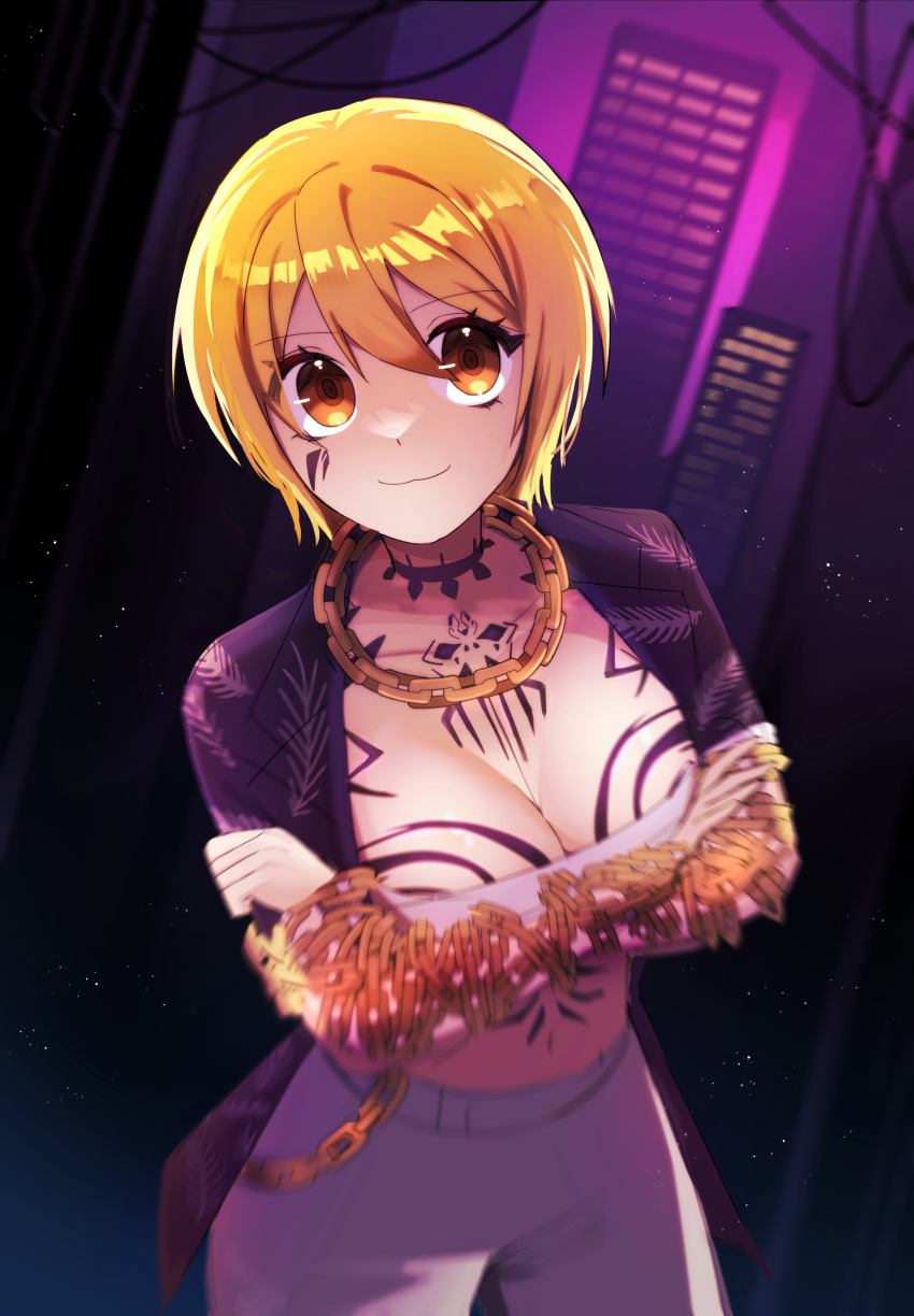 1girls :3 big_breasts blonde_hair chains cleavage don_quixote_(limbus_company) limbus_company looking_at_viewer open_clothes project_moon revealing_clothes short_hair standing tattoo yellow_eyes