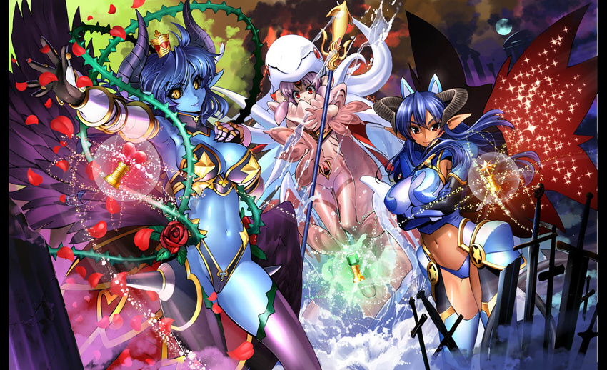 3girls asmodeus_(shinrabanshou) black_sclera blue_hair breasts cameltoe cleavage colored_sclera commentary_request crossed_arms demon_girl flower gauntlets horns large_breasts leviathan_(shinrabanshou) long_hair md5_mismatch monster multiple_girls navel petals photoshop_(medium) plant pointy_ears polearm purple_hair red_eyes rose sasayuki shinrabanshou slit_pupils smile spear thighhighs thorns vines weapon wings yellow_eyes yoru_maou_belpheria