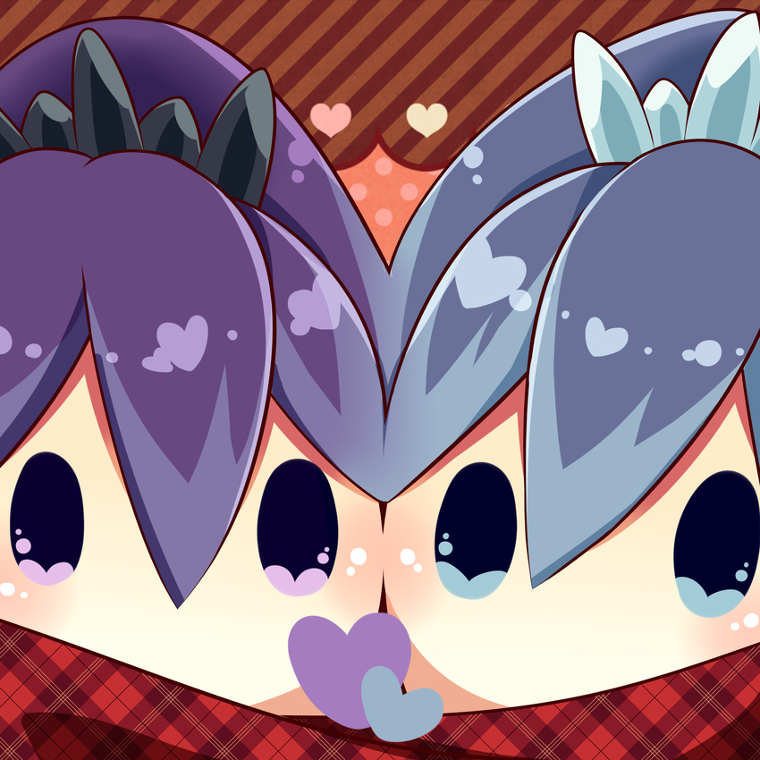 2girls blue_eyes blue_hair chibi commentary_request fubukihime heart high_ponytail highres hyakkihime long_hair multiple_girls no_mouth plaid purple_eyes purple_hair sakumado traditional_youkai youkai_(youkai_watch) youkai_watch yuki_onna