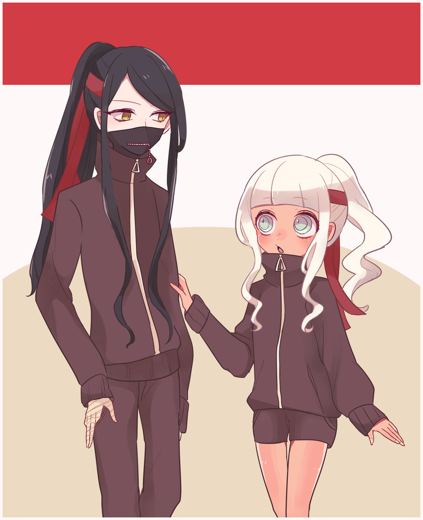 1boy black_hair blue_eyes danganronpa dark_skin duo female long_hair mask new_danganronpa_v3 open_mouth ponytail shinguuji_korekiyo tied_hair yellow_eyes yonaga_angie