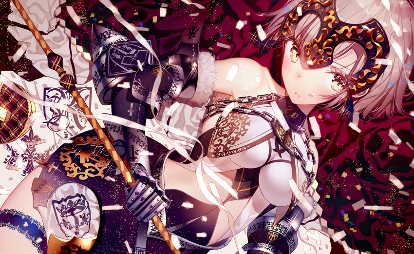 armor armored_dress atha_(leejuiping) black_gloves blonde_hair breasts bridal_garter chains commentary_request cosplay fate/grand_order fate_(series) female flag fur_trim gauntlets gloves headpiece highres jeanne_d'arc_(fate) jeanne_d'arc_(third_ascension)_(fate) jeanne_d'arc_(third_ascension)_(fate)_(cosplay) jeanne_d'arc_alter_(avenger)_(fate) jeanne_d'arc_alter_(fate) large_breasts looking_at_viewer short_hair solo yellow_eyes